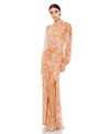 Mac Duggal Sequin Floral-print Long-sleeve Column Gown In Apricot
