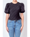 English Factory Asymmetric Shirred Puff Sleeve Top In Black