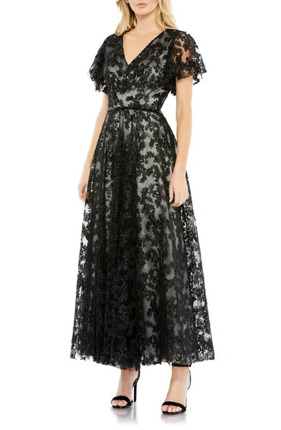 Mac Duggal Embroidered Flutter Sleeve Cocktail Dress In Black