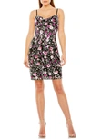 Mac Duggal Slim Strap Bustier Top Floral Beaded Mini Dress In Black Multi