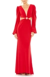 Ieena For Mac Duggal Cutout Long Sleeve Jersey Column Gown In Red