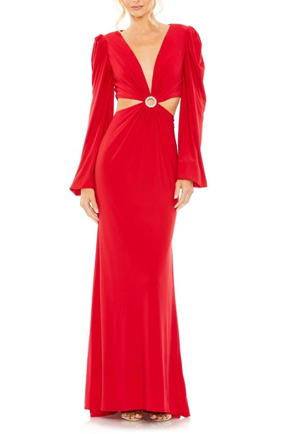 Ieena For Mac Duggal Cutout Long Sleeve Jersey Column Gown In Red