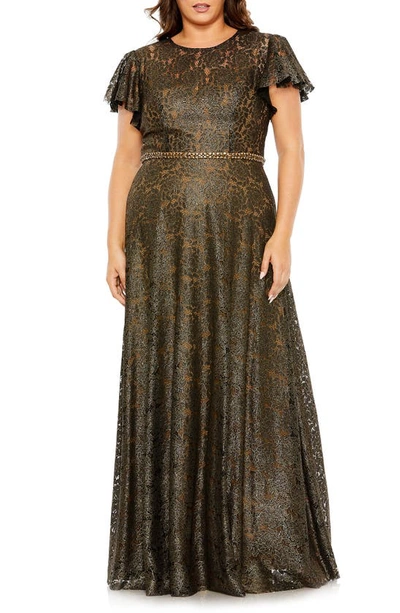 Fabulouss By Mac Duggal Flutter Sleeve Lace Overlay Gown In Black Gold