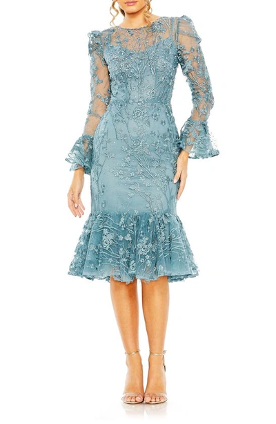 Mac Duggal Embroidered Ruffle Long Sleeve Cocktail Dress In Ocean Blue