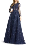 MAC DUGGAL EMBELLISHED LACE LONG SLEEVE BALL GOWN