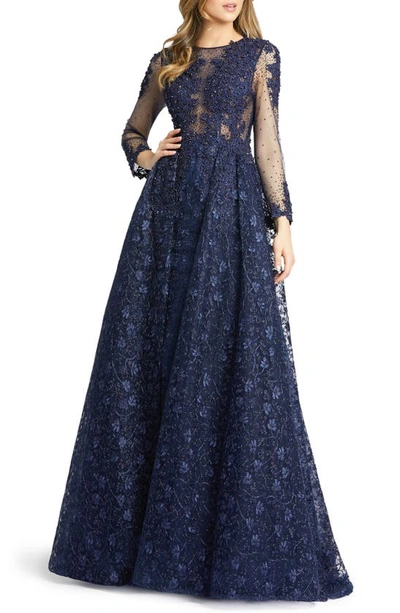 Mac Duggal Embellished Lace Long Sleeve Ball Gown In Midnight