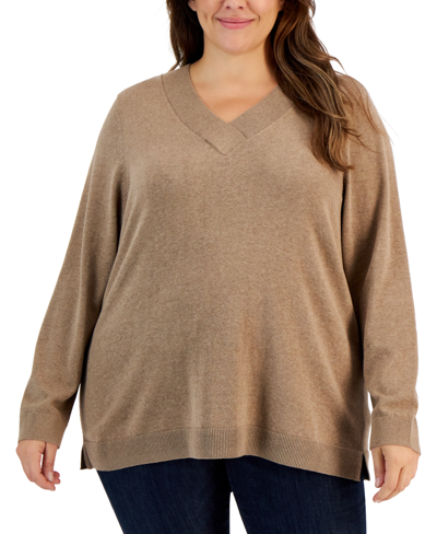 Karen Scott Plus Size Ribbed-v-neck Sweater, Created For Macy's In Chestnut Heather