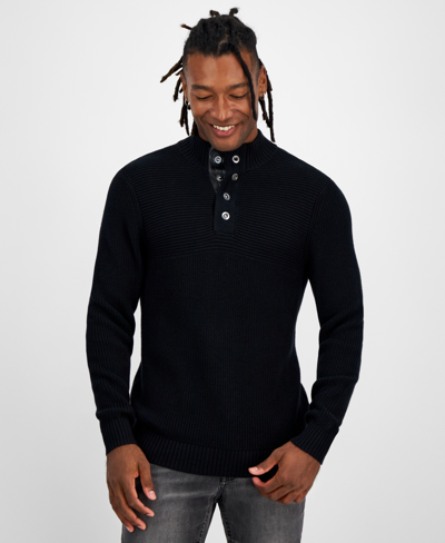 Inc International Concepts Men's Faux-leather-trim Mock-neck Sweater, Created For Macy's In Deep Black