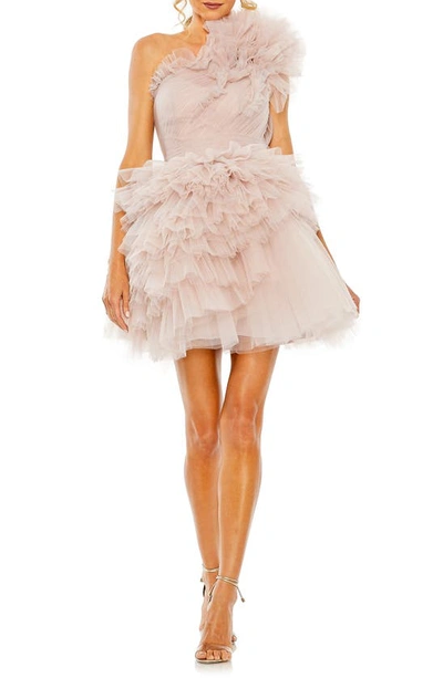 Mac Duggal Tulle Ruffle One Shoulder Mini Dress In Mauve