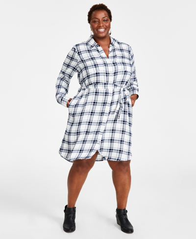 Style & Co Plus Size Plaid Long-sleeve Shirtdress, Created For Macy's In Plaid Shiitake