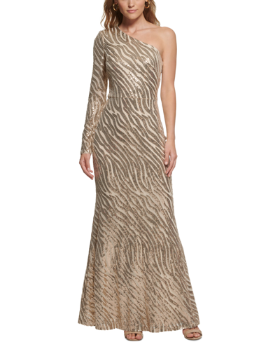Vince Camuto Petite Sequined Tiger-striped One-shoulder Gown In Champagne
