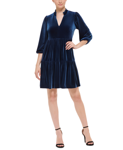 Vince Camuto Women's Velvet Puff-sleeve Tiered Dress In Blue