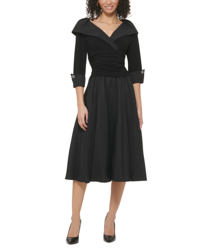 Jessica Howard Petite 3/4-sleeve Portrait-collar Fit & Flare Dress In Black