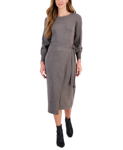 Taylor Women's Belted Puff-sleeve Sweater Dress In Heather Oak