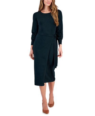 Taylor Women's Belted Puff-sleeve Sweater Dress In Hunter