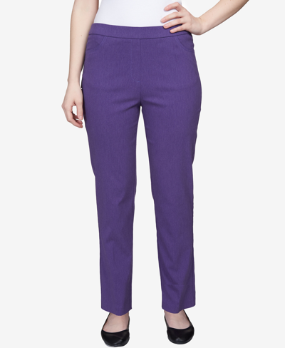 Alfred Dunner Plus Size Point Of View Shaping Tummy Control Flat Front Short Length Pants In Plum Heather
