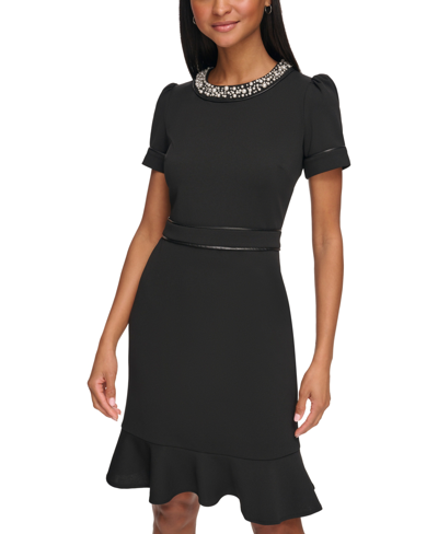 Karl Lagerfeld Women's Imitation-pearl-collar Flounce-hem Dress In Black