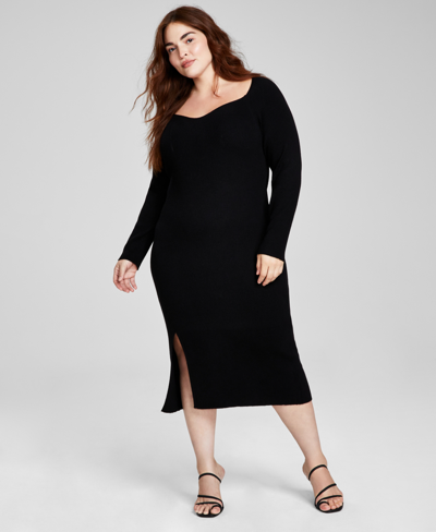 And Now This Trendy Plus Size Ribbed Side-slit Dress In Black