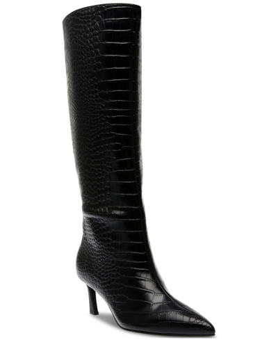 Steve Madden Lavan Black Croc-embossed Leather Kitten Heel Knee-high High Heel Boots In Black Leat