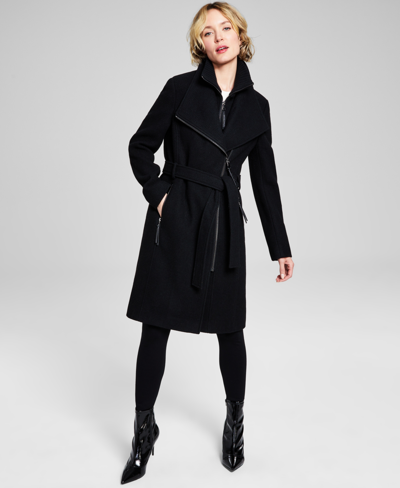 Calvin Klein Womens Wool Blend Belted Wrap Coat, Created For Macys In Black Twill