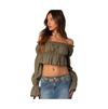 Edikted Majestic Off The Shoulder Ruched Crop Top In Olive