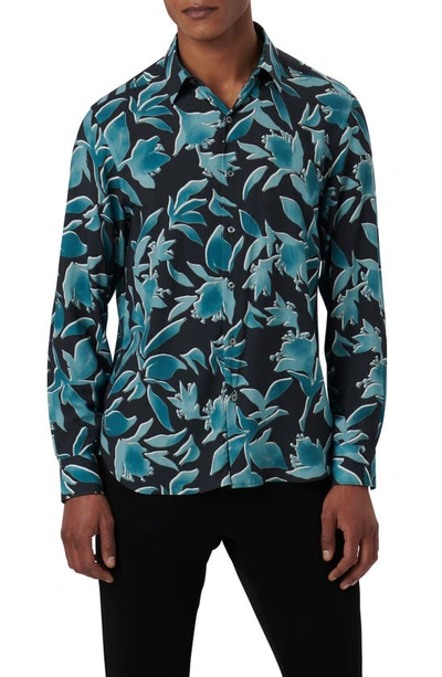 Bugatchi Julian Shaped Fit Ecovero™ Floral Print Button Up Shirt In Peacock