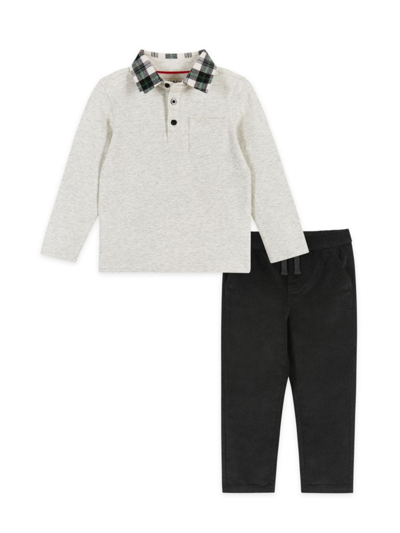 Andy & Evan Kids' Little Boy's & Boy's 2-piece Hunter Plaid Collar Long-sleeves Polo & Slim-fit Trousers In Heather Cream