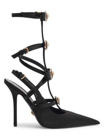 Versace Gianni Ribbon Caged Satin Pumps In Black