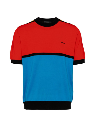 Prada Short-sleeved Superfine Wool Sweater In Blue Orange