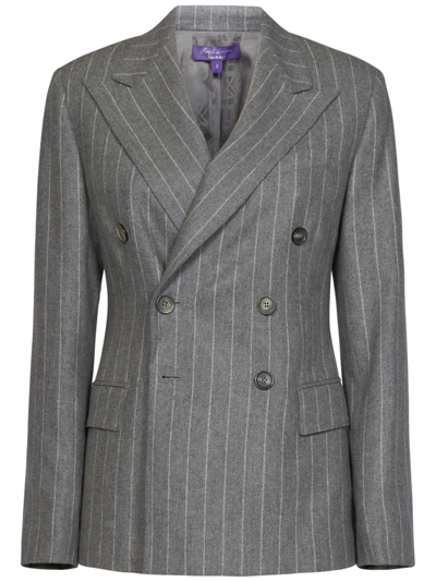 Ralph Lauren Safford Chalk Stripe Double-breast Flannel Blazer In Grey