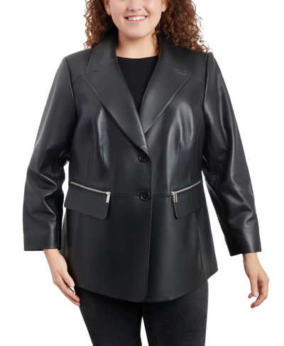 Anne Klein Women's Plus Size Zip-pocket Leather Blazer Coat In Black