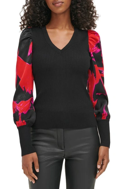 Dkny Contrast Sleeve Rib Sweater In Black/red