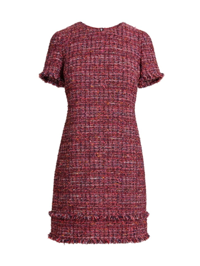 Santorelli Melanie Tweed Fringe-trim Mini Dress In Bordeaux