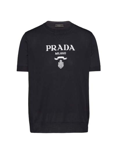 Prada Logo-intarsia Short-sleeve Knitted Top In Blue