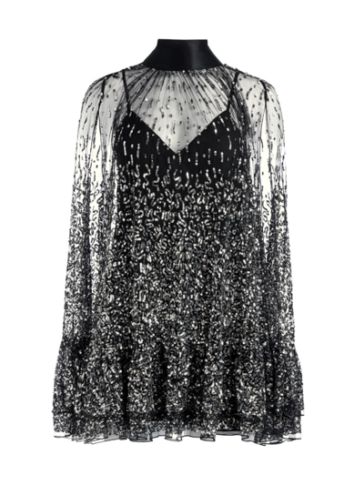 Alice And Olivia Zenon Embellished Tie-neck Cape Mini Dress In Black Silver