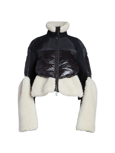 Sacai Contrast-panel Funnel-neck Faux-shearling Jacket In Black&white