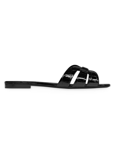 Saint Laurent Tribute Embossed-crocodile Leather Slide Sandals For Women In Black