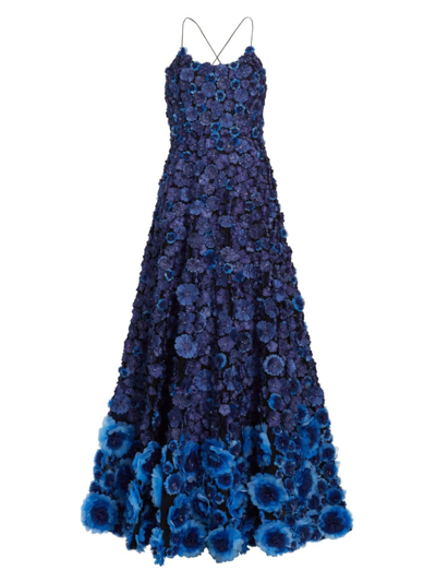 Alice And Olivia Dominique Floral-embellished Ball Gown In Black Blue