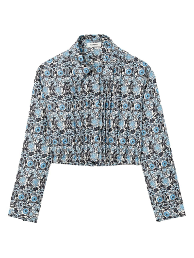Sandro Women's Cropped Silk Shirt In Blue Beige