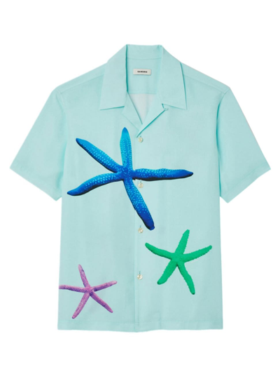 Sandro Starfish-print Short-sleeve Shirt In Blau