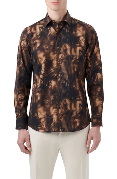 Bugatchi Julian Shaped Fit Shadow Print Stretch Cotton Button-up Shirt In Desert