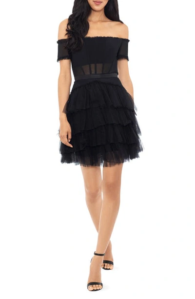 Betsy & Adam Corset Tiered Ruffle Off The Shoulder Tulle Minidress In Black
