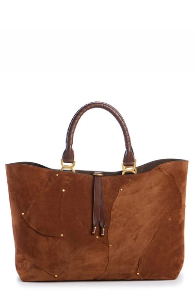 Chloé Marcie Stud Patch Suede & Leather Tote Bag In 247 Caramel