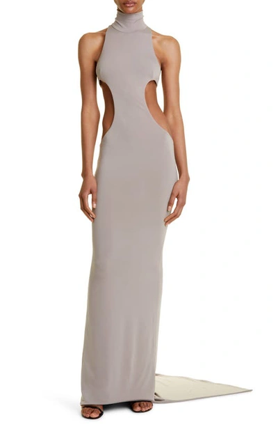 Laquan Smith Mock Neck T-bar Cutout Gown With Train In Grey