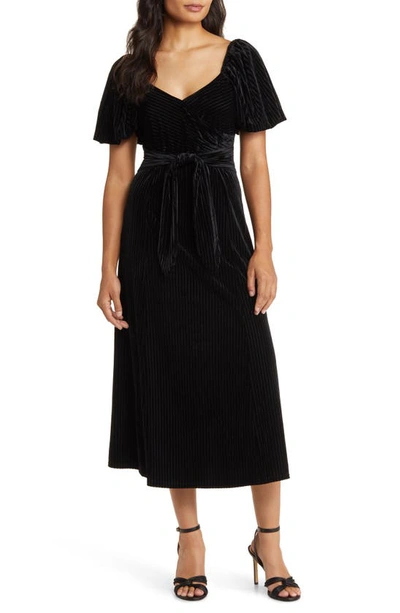 Zoe And Claire Puff Sleeve Stretch Velvet Midi Dress In Black