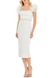 Mac Duggal Feather Cap Sleeve Embellished Sheath Cocktail Dress In White