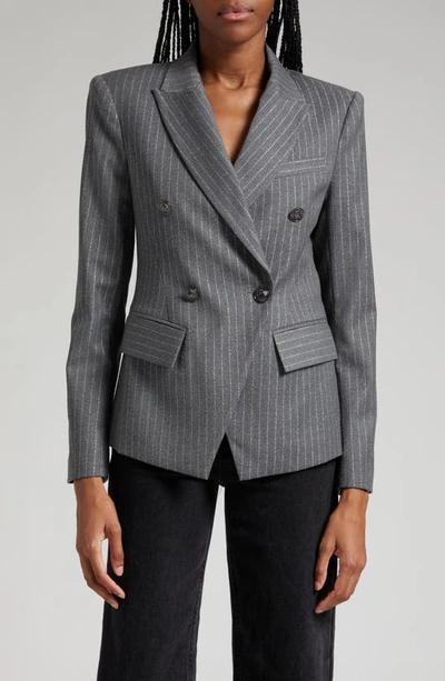Ramy Brook Collins Metallic Stripe Double Breasted Blazer In Charcoal Lurex Pi