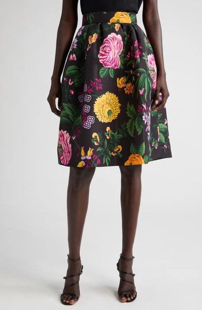Carolina Herrera Floral-print Pleated Full Skirt In Black Multi