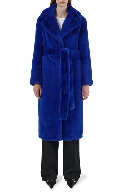 Apparis Mona Belted Faux Fur Coat In Blue