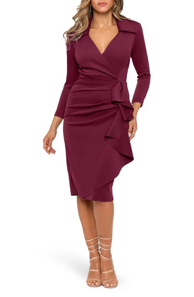 Xscape Ruffle Scuba Crepe Faux Wrap Midi Dress In Wine